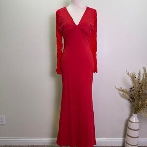 Hocille Size L Red V-Neck Ruched Mesh Long Sleeve Bodycon Maxi Gown